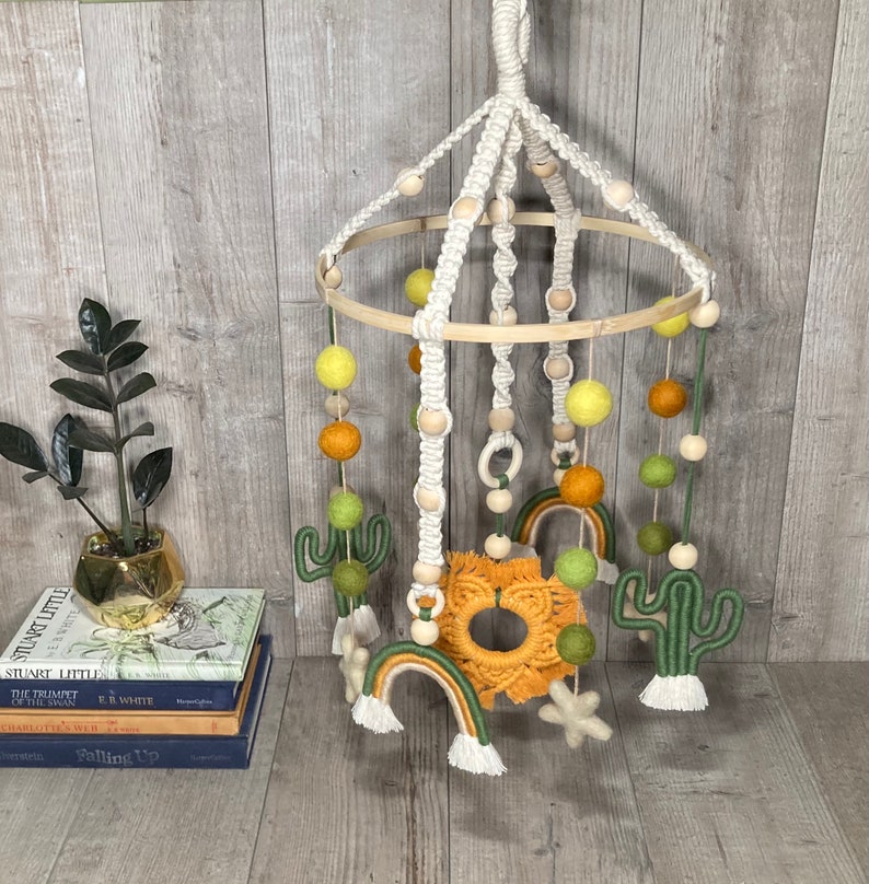 Cactus & rainbow baby crib mobile-boho nursery cactus theme baby room-macrame decor-handmade felt ball gender neutral decor yellow orange image 3