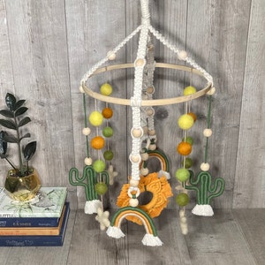 Cactus & rainbow baby crib mobile-boho nursery cactus theme baby room-macrame decor-handmade felt ball gender neutral decor yellow orange image 7