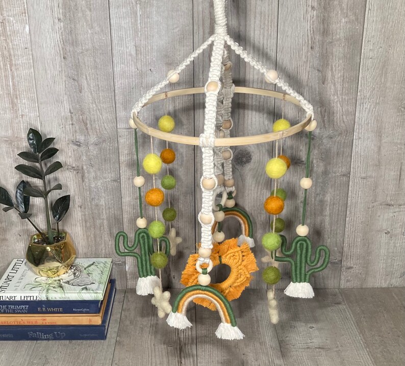 Cactus & rainbow baby crib mobile-boho nursery cactus theme baby room-macrame decor-handmade felt ball gender neutral decor yellow orange image 7