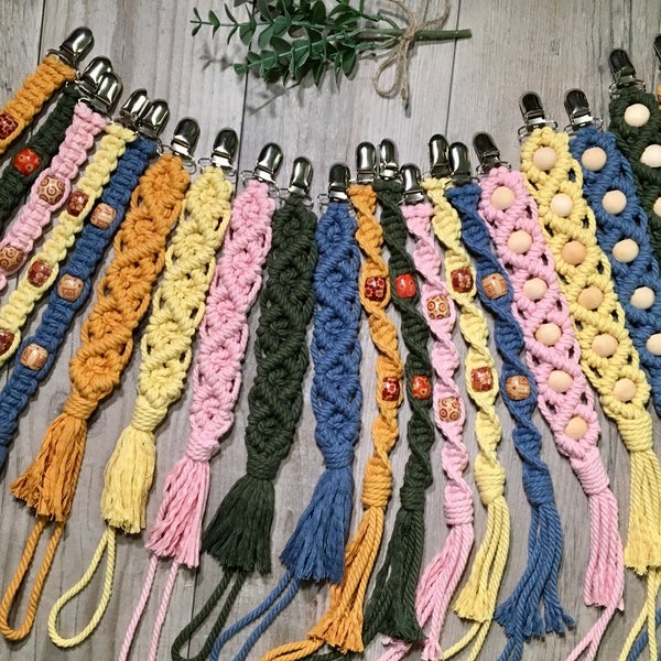 Boho pacifier clip-handmade macrame paci clip-made with recycled cotton cord -4 different styles-5 colors-pink-olive green-blue-yellow