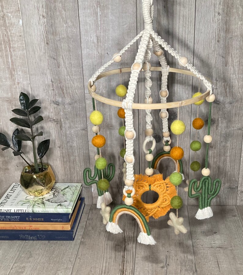 Cactus & rainbow baby crib mobile-boho nursery cactus theme baby room-macrame decor-handmade felt ball gender neutral decor yellow orange image 5