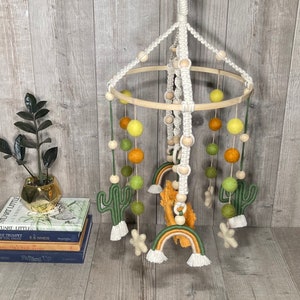 Cactus & rainbow baby crib mobile-boho nursery cactus theme baby room-macrame decor-handmade felt ball gender neutral decor yellow orange image 2