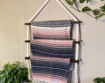 Macrame blanket ladder-2 colors White and Blue-Pine wood-Boho home decor-beach house-decorative blanket ladder-wall hanging-farmhouse-