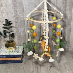 Cactus & rainbow baby crib mobile-boho nursery cactus theme baby room-macrame decor-handmade felt ball gender neutral decor yellow orange image 1