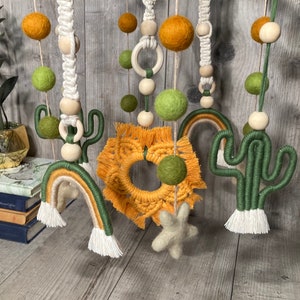 Cactus & rainbow baby crib mobile-boho nursery cactus theme baby room-macrame decor-handmade felt ball gender neutral decor yellow orange image 6