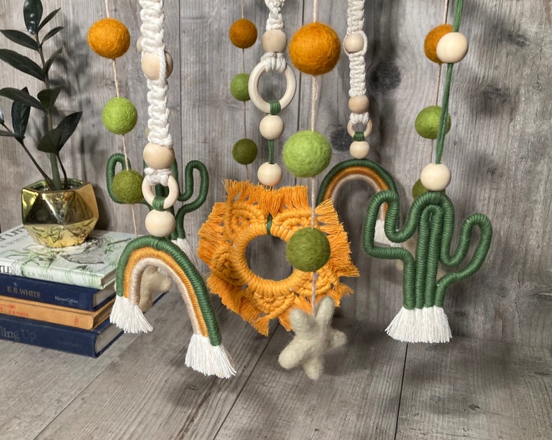 Cactus & rainbow baby crib mobile-boho nursery cactus theme baby room-macrame decor-handmade felt ball gender neutral decor yellow orange image 6