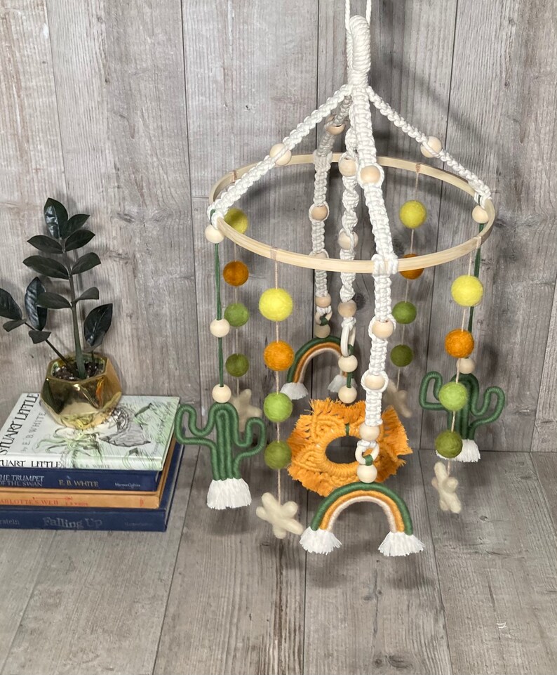 Cactus & rainbow baby crib mobile-boho nursery cactus theme baby room-macrame decor-handmade felt ball gender neutral decor yellow orange image 8