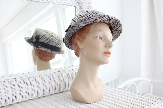 50s Metallic Boater Hat | Vintage Woven Raffia Ri… - image 4