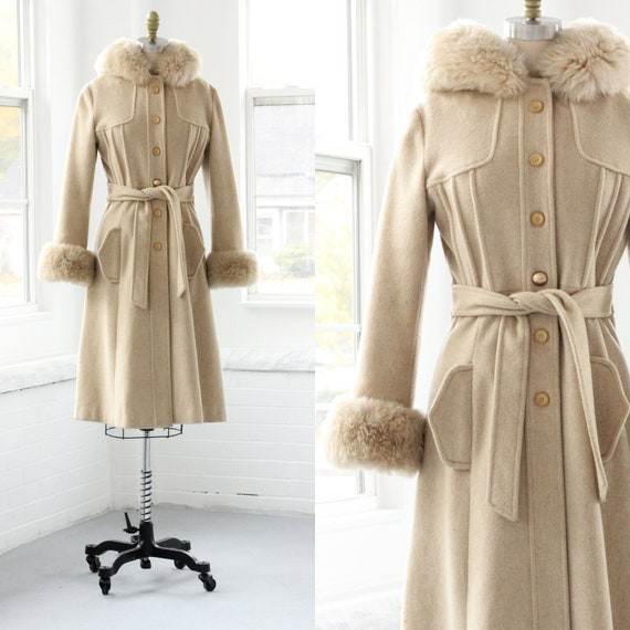 50s Wool Princess Coat Faux Fur Trench Parka
