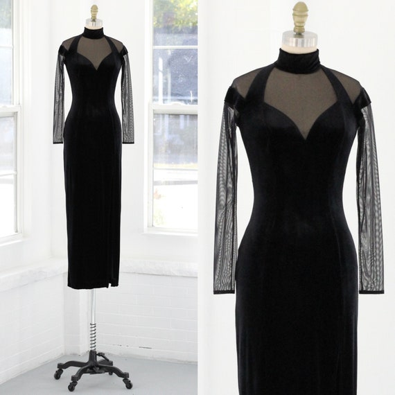 80s Tadashi Shoji Velvet Gown Mesh Cut Out