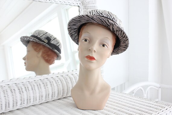 50s Metallic Boater Hat | Vintage Woven Raffia Ri… - image 3