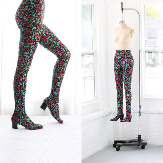 60s Vtg Mod Pan-T-Boots Floral GoGo 8-9 Filigree