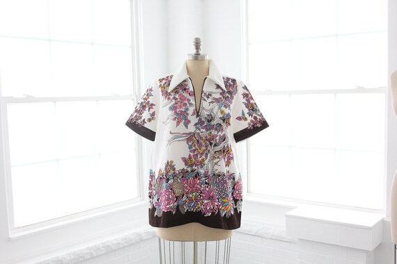 70s Psychedelic Top // Vintage Large XL Zip Front… - image 1