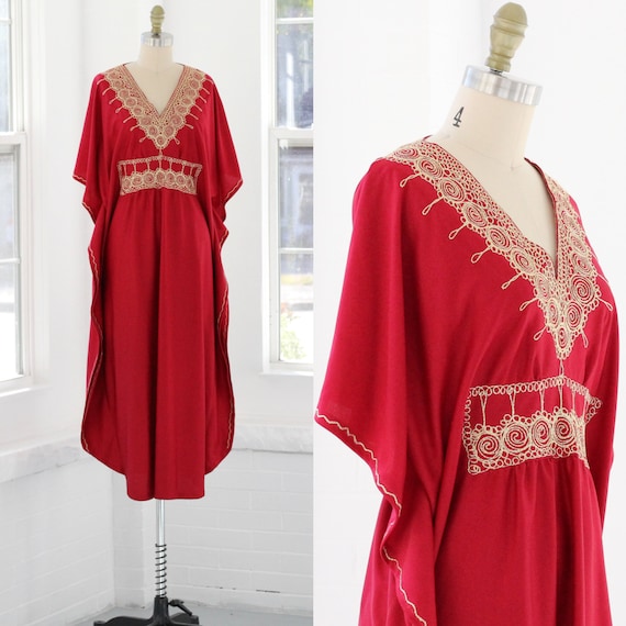 70s Metallic Ornate Wine Kaftan Dress // Small Med