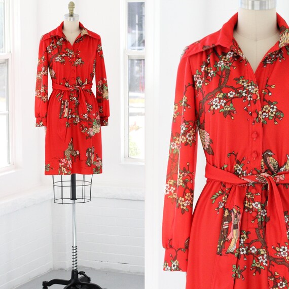 70s Cherry Blossom Shirtwaist Dress