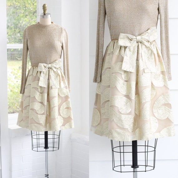 60s Metallic Knit Lamé Brocade Evening Dress // Sm