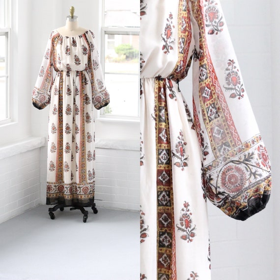 70s Gauze Floral Peasant Dress Balloon Sleeve