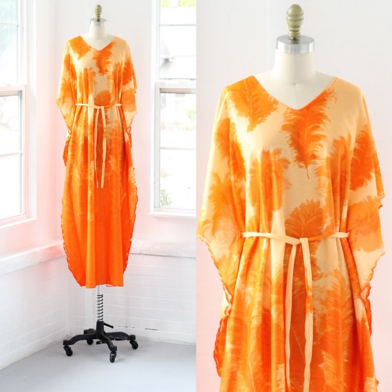 70s Feather Tie Waist Kaftan Dress Orange