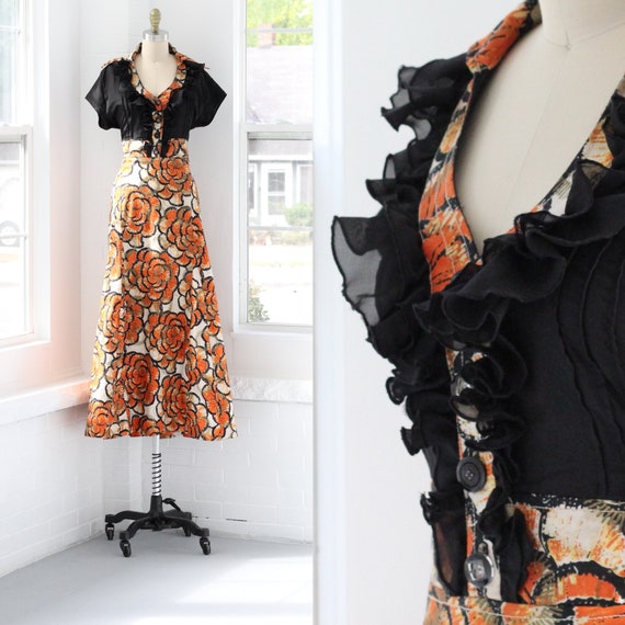 70s Ruffle Butterfly Collar Maxi Dress Midcentury