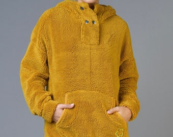 Women's Cozy Sherpa Hoodie, Mustard Yellow Sherpa Top