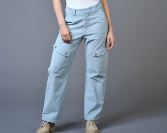 Women's Light Blue Corduroy Cargo Pants, Cute Cotton Corduroy Pants