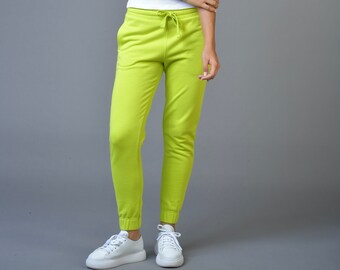 Women's Acid Green Organic Cotton Joggers - Cute Comfy Sweatpants - Cute Loungewear - Eco-friendly Joggers