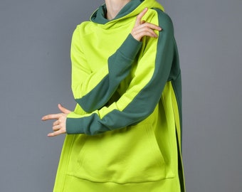 Side Slit Green Color Block Women's Hoodie