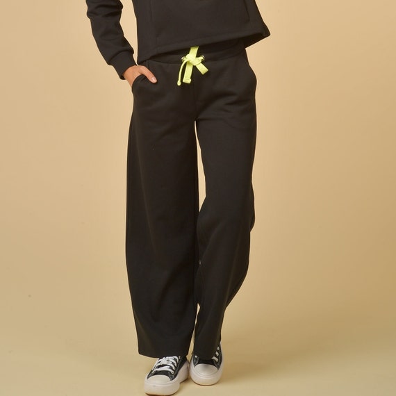 Black Wide Leg Double-knit Pants Women's Black Lounge Pants Black