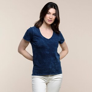 Cotton Indigo T-shirt Women's Basic Indigo T-shirt Indigo V-Neck Tee V-Neck Basic Tee with Chest Pocket Sustainable Women's Tees image 3