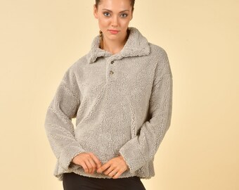 Women's Grey Sherpa Pullover - Sherpa Cozy Top - Women's Cozy Tops - Cozy Grey Pullover - Women's Fuzzy Tops - Sustainable Clothing