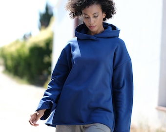 Bright Blue Tunic Hoodie  - Oversized Royal Blue Hoodie -  Relaxed Hoodie Top  - Sustainable Sweatshirt - Eco Friendly Clothing