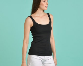 Débardeur noir en coton pour femmes - Camisole noire mignonne - Réservoir de superposition noir doux - Débardeurs mignons - Vêtements durables