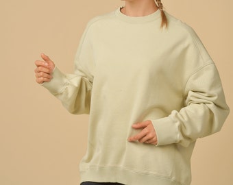 Women's Oversized Cream Sweatshirt -  Washed Sweatshirt - Women's Cotton Oversized Sweatshirt - Crewneck Washed Sweatshirt