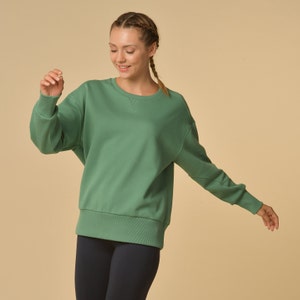 Women's Stylish Cotton Green Sweatshirt - Trendy Green Sweatshirt - Cotton Green Sweatshirt with Rib Inserts - Sustainable Streetwear -
