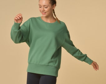 Women's Stylish Cotton Green Sweatshirt - Trendy Green Sweatshirt - Cotton Green Sweatshirt with Rib Inserts - Sustainable Streetwear -