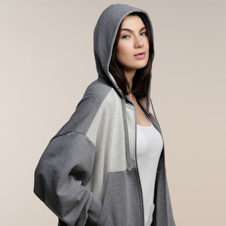 Sweat à capuche zippé oversize Sweat à capuche zippé oversize gris Sweat à capuche en coton inversé Sweat à capuche tendance Vêtements durables image 3