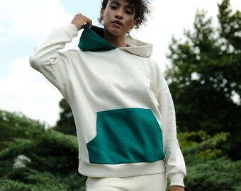 Women's Designer Colorblock Hoodie - White Stylish Hoodie - Colorblock Pullover Hoodie - Popover White Hoodie - Sustainable Fashion