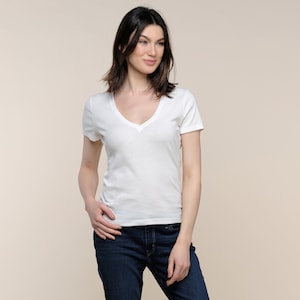 Soft Cotton V-Neck Tee Women' s Basic White Tee White Basic Tee Fitted V-neck Tee Sustainable Tees image 1