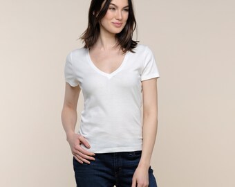 Soft Cotton V-Neck Tee - Women' s Basic White Tee - White Basic Tee - Fitted V-neck Tee - Sustainable Tees