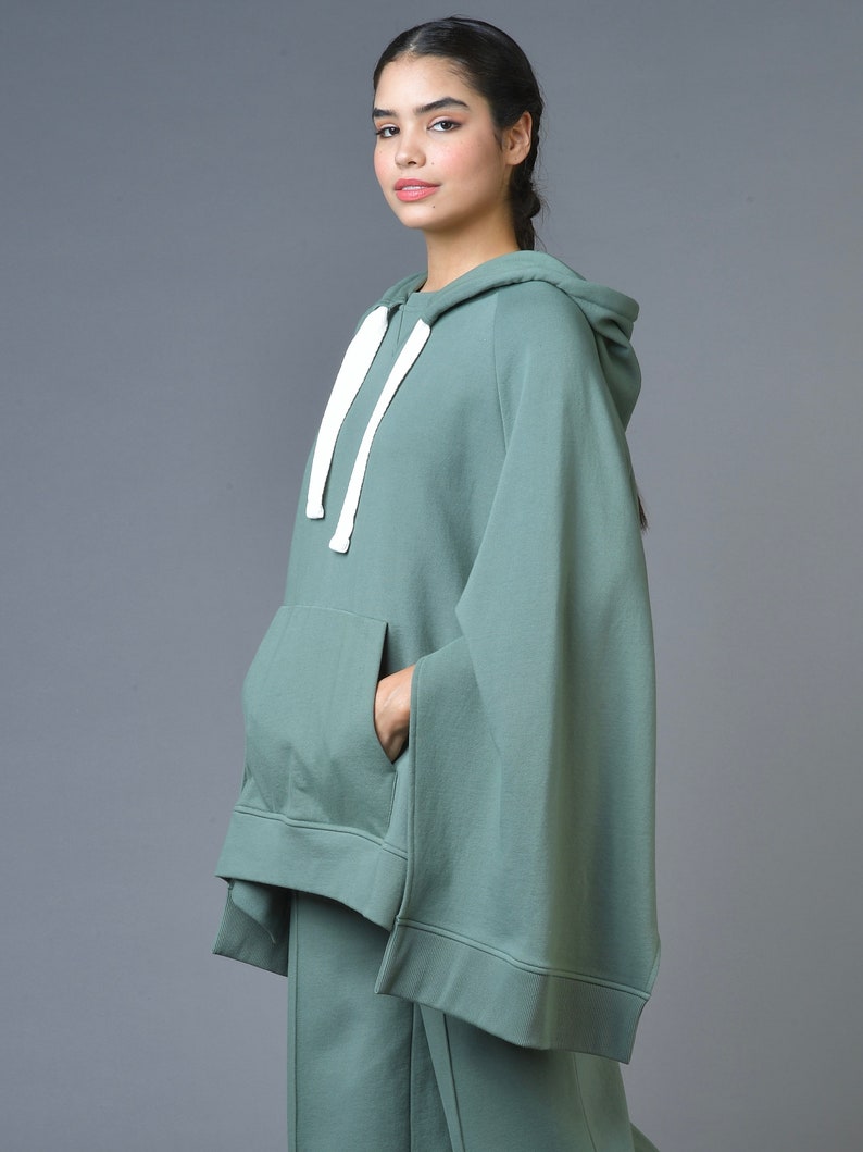 Women's Organic Cotton Poncho Hoodie, Cute Green Poncho, Women's Stylish Hoodies, Sustainable Clothing, Eco-friendly Women's Hoodie image 6