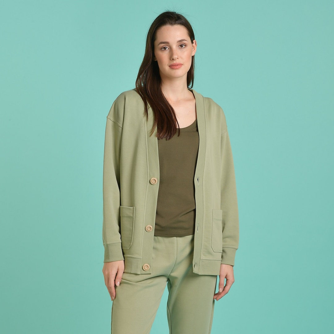Fleece Cardigan Sage Green Cardigan Green Casual Cardigan Sustainable