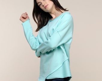 Trendy Sweatshirt - Asymmetrical Sweatshirt - Blue Round Neck Sweatshirt - Sustainable Sweatshirts - Stylish Cotton Top