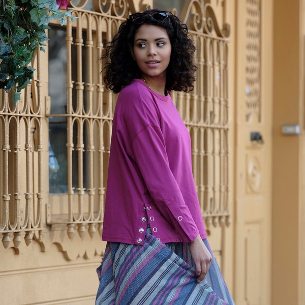 Fuchsia Pink Ikat Button Top main image 1