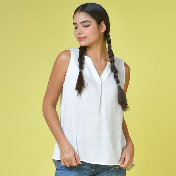 Sleeveless Off-White Cotton Voile Tunic Top - Voile Relaxed Top - White Sleeveless Tunic - Sustainable Cotton Tops