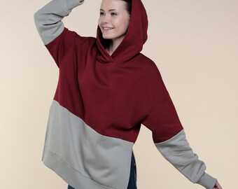 Burgundy Colorblock Hoodie - Stylish Colorblock Hoodie - Trendy Hoodie - Sustain Clothing - Ecofriendly Hoodie