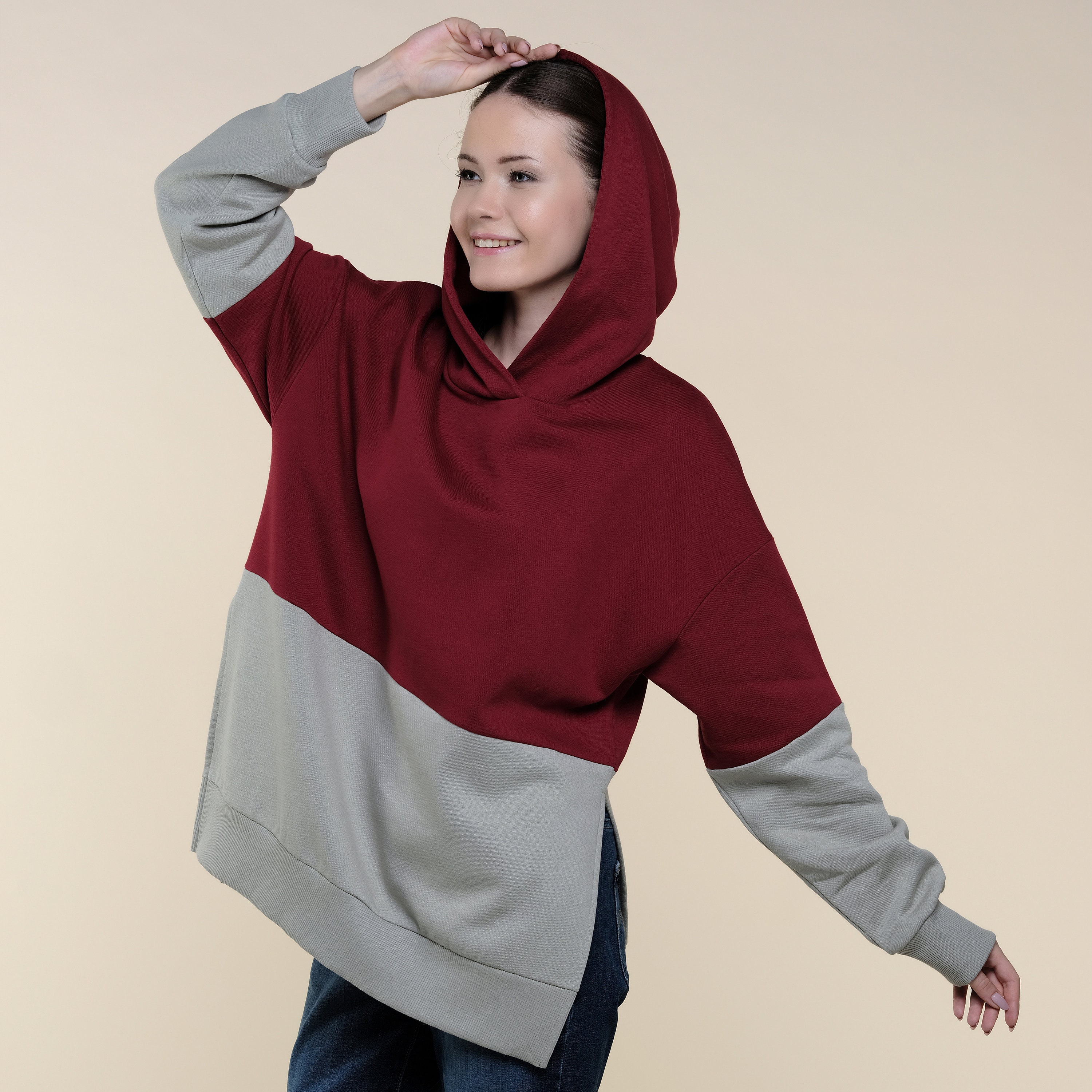 Burgundy color block clearance hoodie