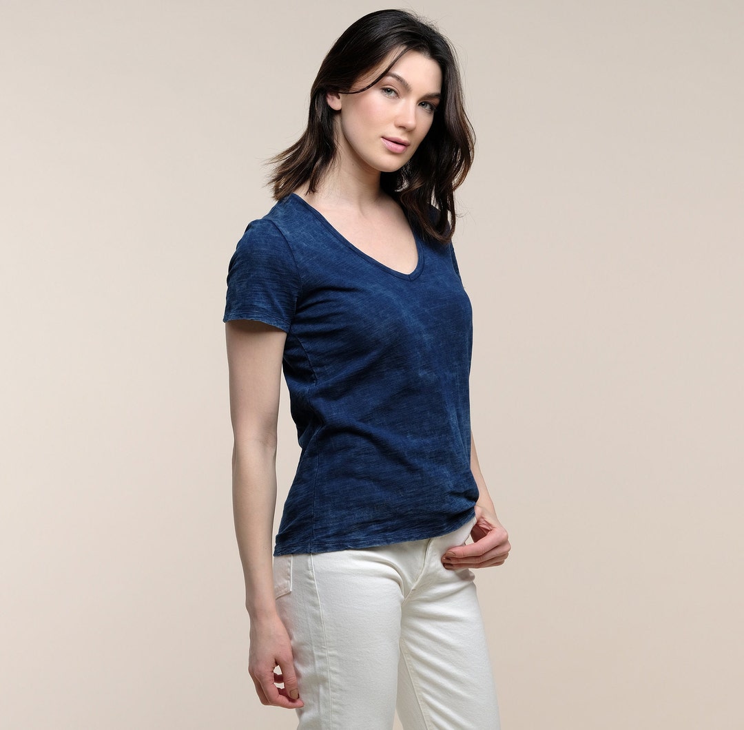 Cotton Indigo Tshirt Women's Basic Indigo Tshirt Indigo Vneck Tee V