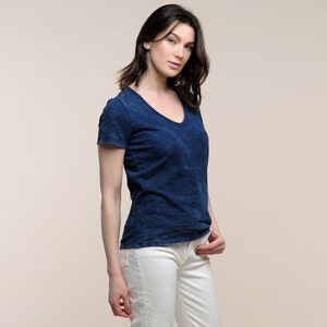 Cotton Indigo T-shirt Women's Basic Indigo T-shirt Indigo V-Neck Tee V-Neck Basic Tee with Chest Pocket Sustainable Women's Tees image 1