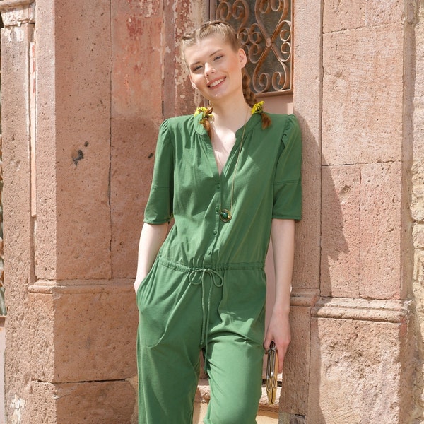 Green Short Sleeve Jumpsuit - Green Jumpsuits - Green Streetwear - Women's Jumpsuits - Sustainable Women's Clothing - Eco-Friendly Clothing