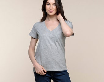 Basic Gray V-Neck Tee - Women's Grey V-neck T-shirt - V-neck Basic T-shirt - Women's Quality Tees - Basic Pocket Tee - Sustainable Clothing